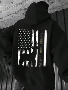 Warm & Comfy Whitetail Deer Hunting Buck Camo American Flag Pullover Fitted Hoodie Sweatshirts with Front Pouch Pocket - Print On Back, Casual Fashionable Cut for Everyday Daily Wear