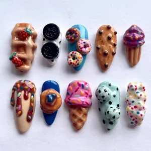 swish.nails Waffle Strawberry Cookie Press-On Nails, 3D Berries, Chocolate Drizzle, Mini Donut Charms, Whimsical Dessert Colors, Handcrafted Summer Picnic Nail Art, Trendy Custom Gift for Foodie Vibes