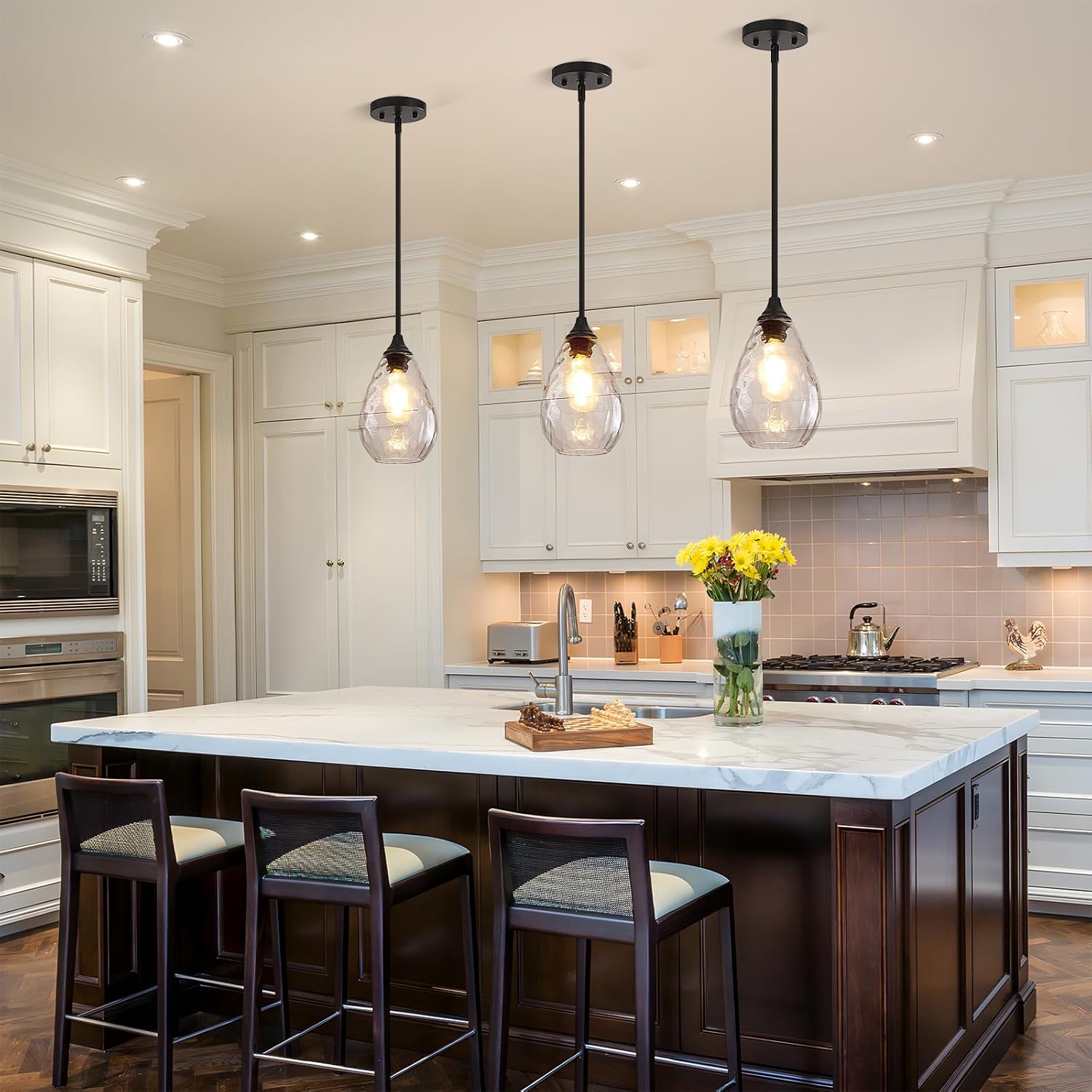 Glass Pendant Lights Kitchen Island, 1-Light Modern Black Fixtures with Hammered Glass & Rods Small Hanging Light for Kitchen Sink Dining Room Bathroom