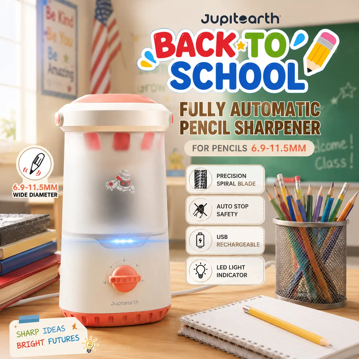 【back to school shopping】Buy 1 Get Gift JUPITEARTH  Fully Automatic Rechargeable Electric Pencil Sharpener - No-Touch Design, 6.9-11.5mm, for Colored Pencils, School Supplies, Office Stationery, Ideal for Home & Classroom, Efficiency，pen