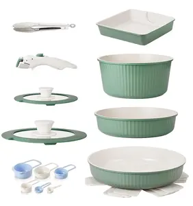 KOCH SYSTEME CS 12 Piece Nonstick Pots and Pans Set with Detachable Handle, Cookware Set with Detachable Handle, Stackable RV Camping Kitchen Set, Induction Compatible, Green
