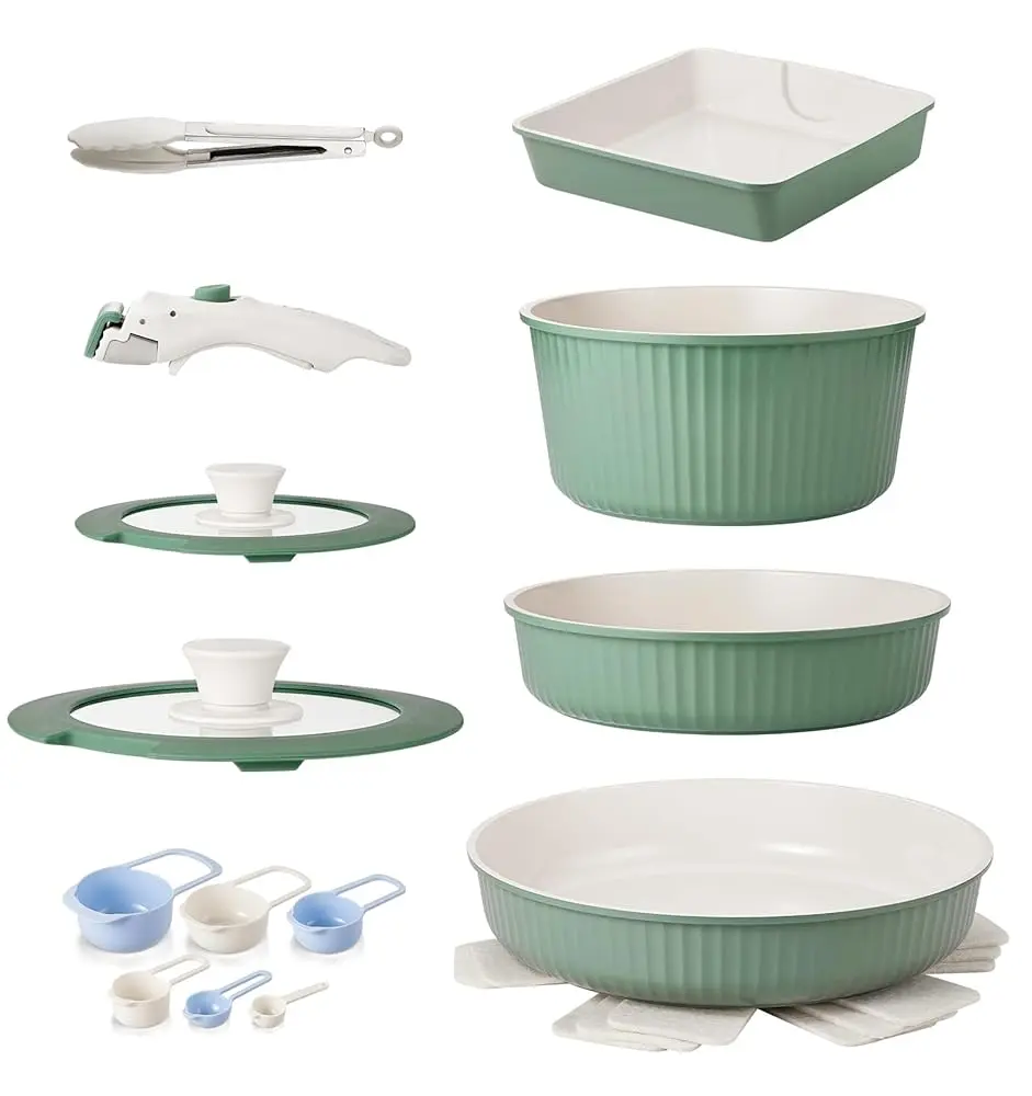 KOCH SYSTEME CS 12 Piece Nonstick Pots and Pans Set with Detachable Handle, Cookware Set with Detachable Handle, Stackable RV Camping Kitchen Set, Induction Compatible, Green