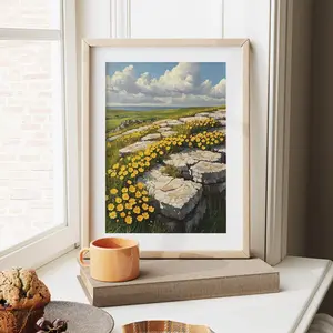 Wildflower Field Landscape Wall Art – Burren Ireland Rocky Outcrop Painting, Rustic Cottagecore Scenic Print, Nature-Inspired Room Decor, Unframed