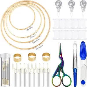 53 Pieces Cross Stitch Tool Embroidery Starter Kit,Includes Bamboo Circle Cross Stitch Hoop Ring Sewing Scissors Needle Threading Tools Thimbles Floss Bobbins Seam Ripper and Embroidery