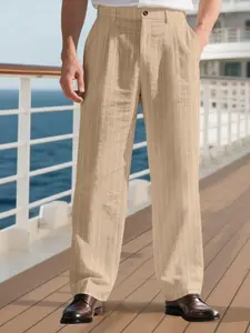 Men's Striped Print Linen Pants, Loose Casual Comfy Breathable Trousers for Business and Leisure, Fashion Stylish Pants for All Seasons, Casual Slant Pocket, Menswear