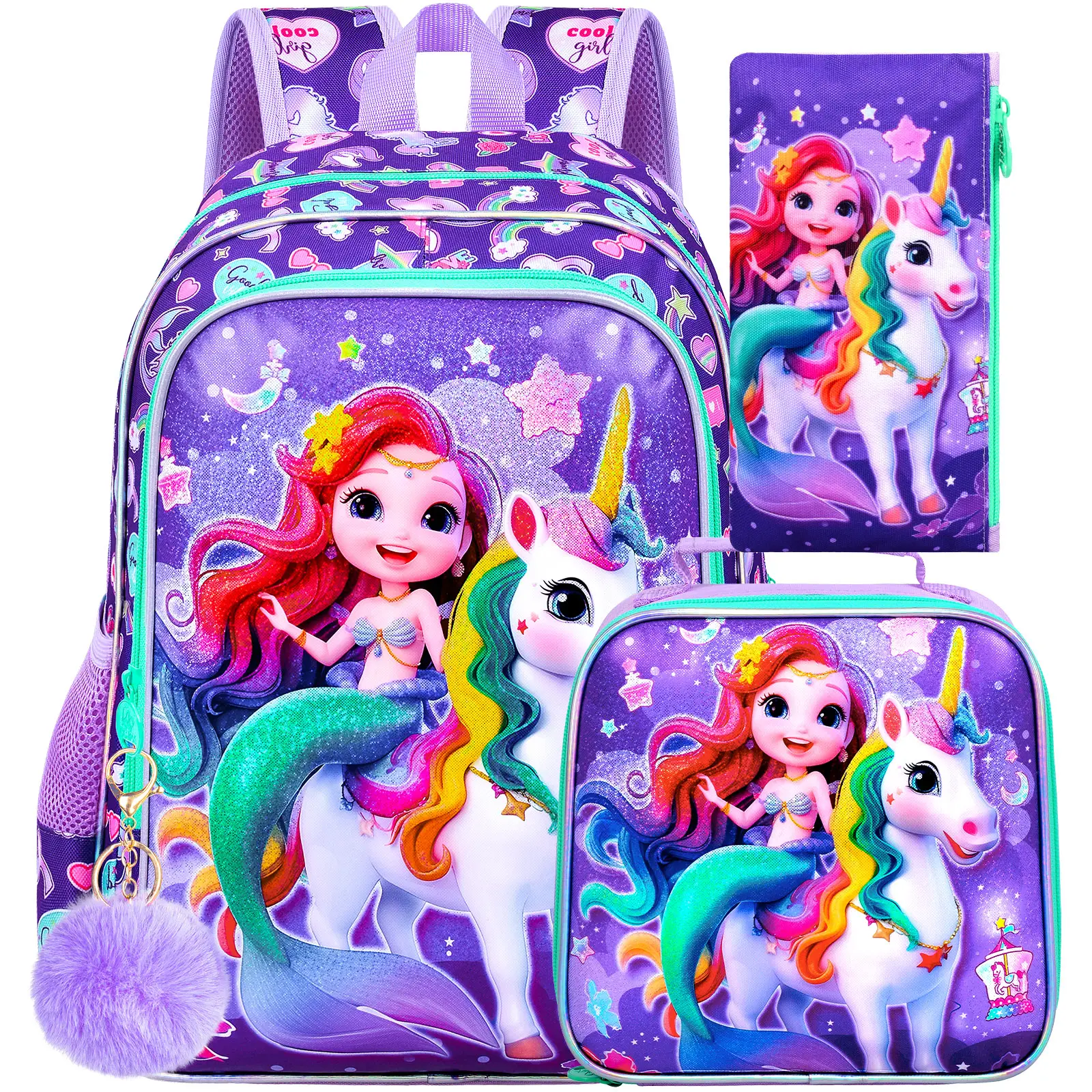 3Pcs Backpack for Girls, 16" Unicorn Kids School Backpacks with Lunch Box, Mermaid Bookbag for Elementary Preschool Kindergarten(Purple)