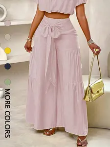 Women's Solid Color Flowy Wide Leg Pants, Casual Fashion Knot Front Trousers for Daily Wear, Ladies Bottoms for Summer
