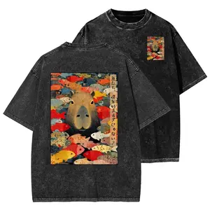 Capybara Japanese Art Fish Print Graphic T-Shirt, Vintage Washed Distressed Oversized Tee, Trendy Streetwear For Men, Cute Animal Aesthetic Summer Casual Top