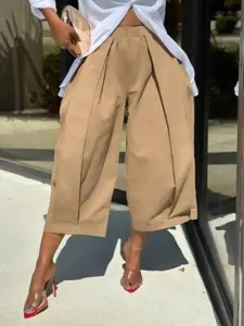 2026 New European and American Style Casual Solid Color Wide Leg Nine-Part Pants, Comfortable Commute, Trendy and Stylish,High Waist Wide Leg,Pleated Culottes,Summer Casual Trousers,Elastic Waist Chic,Office Commute Pants,Loose Fit Plus Size
