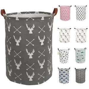19.7" Waterproof Round Canvas Large Clothes Basket Laundry Hamper with Handles, Cotton Linen Foldable Washing Dirty Clothes Laundry Basket for Kid Baby Toy& Clothing Collection(Round- Cartoon Cat)