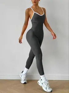 Women's Seamless Knit Yoga Bodysuit, Cross Back Design, Sleeveless & Thin Straps, Perfect for Outdoor Activities & Gym Wear, Workout Jumpsuit