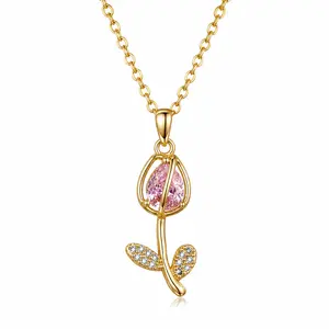 Rose Flower Pendant Necklace, Gold Tone Pink Crystal Rose Necklace for Women, Romantic Jewelry Gift for Mom, Wife, Girlfriend, Birthday, Anniversary, Valentine’s Day