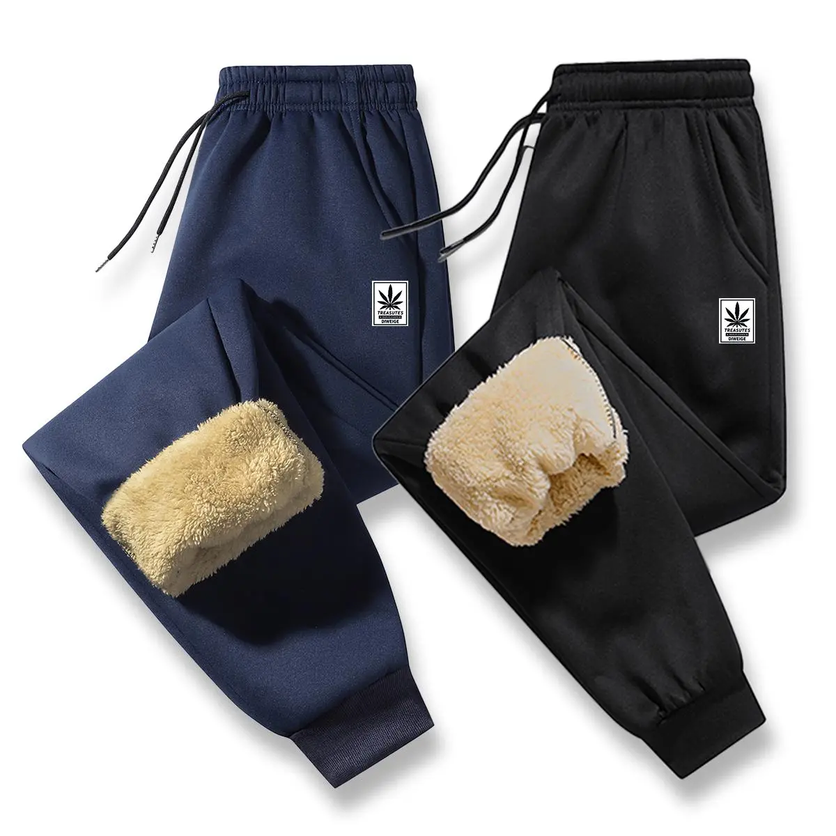 2-piece set of winter men's thick and warm casual pants, cashmere lining, windproof and cold resistant knitted casual pants, suitable for daily leisure and sports, printed with leaf pattern winter pants men's clothing el frio