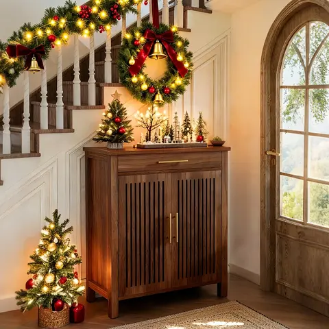 Little Tree 5-Tier Shoe Storage Cabinet with Louvered Doors, Adjustable Shelves, Freestanding Wooden Design for Entryway, Hallway, and Closet Use