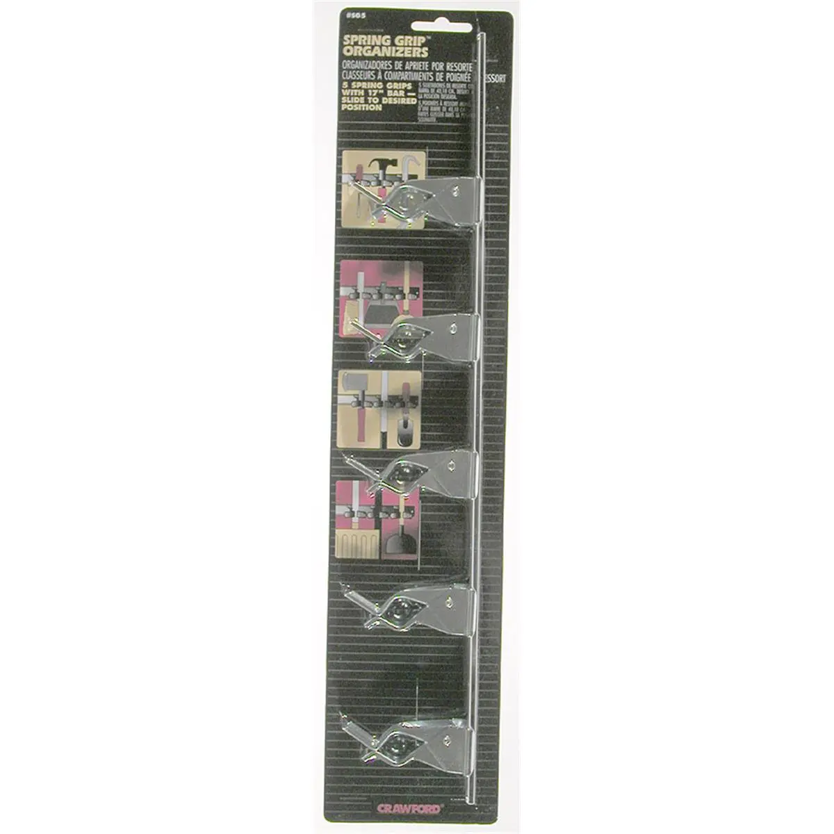Crawford Heavy-Duty Organizer Racks, 17" Bar with 5 Adjustable Spring Grips, Sliding Mount for Space-Saving Storage, Carded, Sturdy, 17 In, Slide To Desired Position, Sliding Mount Grip Organizer