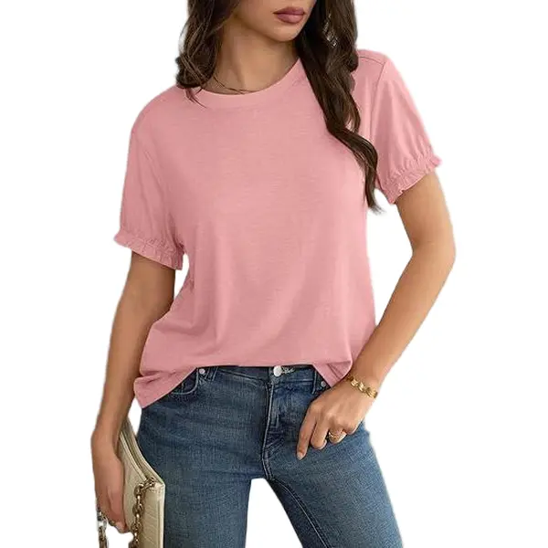 Cicy Bell Women's Viscose Puff Ruffle Short-Sleeve Crew Neck Tops, Comfortable Lightweight Loose-Fit Summer Casual Basic Tees for Women