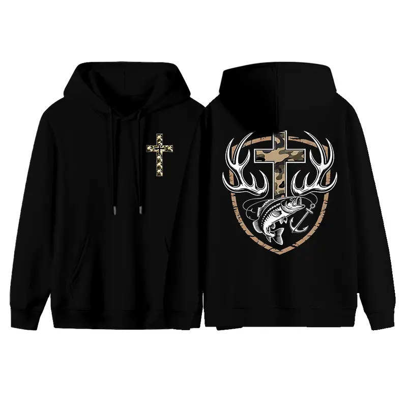 Faith Hunting Hoodie Camo Cross Graphic with Antlers and Fish Hook Rustic Outdoor Christian Lifestyle Unisex Hoodie for Men Women,Faith Hunting Gift, hoodies men