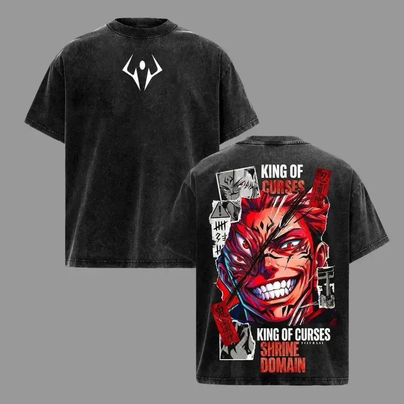 Men's Ryomen Sukuna Jujutsu Kaisen Anime Graphic Tee - Vintage Acid Wash Oversized Short-Sleeve Round Neck Top, High-Res 2D Vector Print, Machine-Washable Streetwear, Black/White Malevolent Shrine King Of Curses Theme