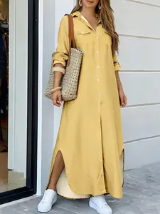 A women's solid-color long split Casual dress with a polo collar and a single-breasted button placket, suitable for spring and autumn, as well as daily wear, vacations and commuting.