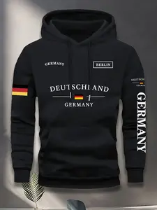 Men's Hooded Sweatshirt with German Flag & Text Print, Deep Fall Winter, Casual Outdoor Gym Wear