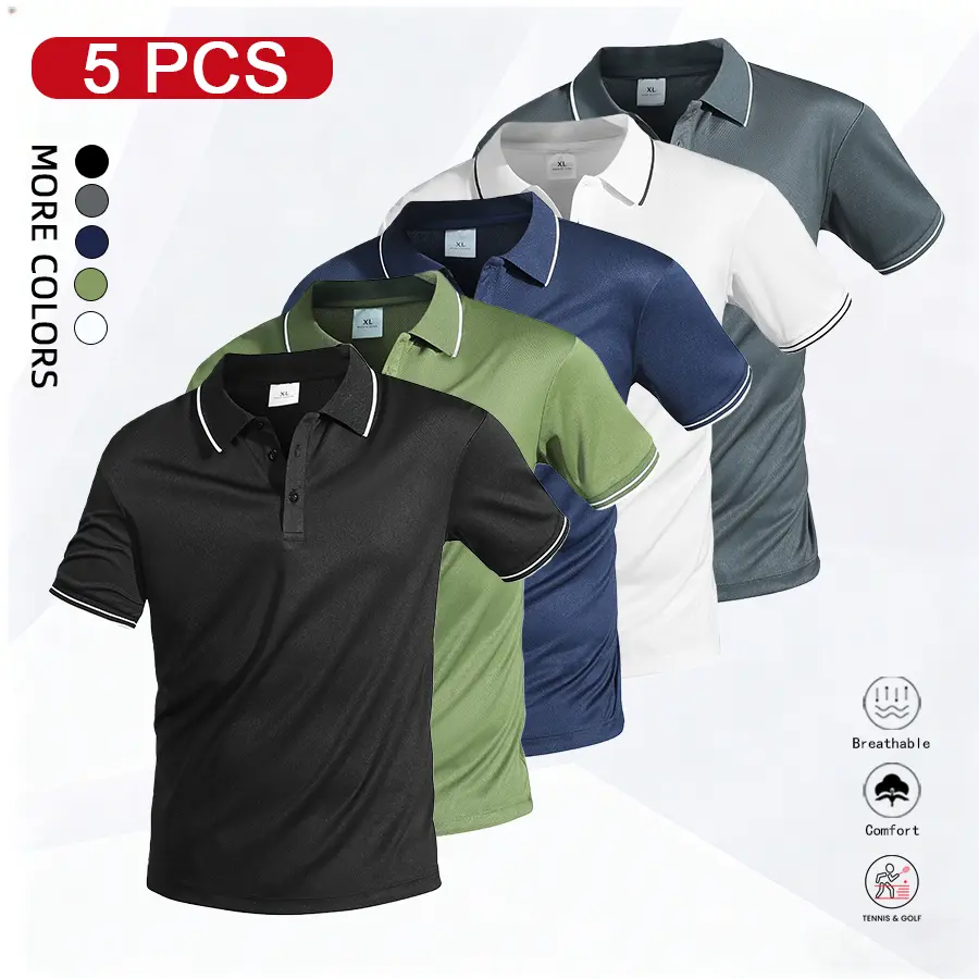 5-Piece Set Men’s Casual Short-Sleeve Polo Shirt, Quick-Dry Golf and Tennis Shirt, Comfortable Equestrian Wear, Stylish Men’s Sportswear, Suitable for Casual Parties, Holidays, Travel, Contrasting Collar and Cuff Design #SummerVibes