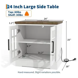 24inch Farmhouse End Table Rustic Square Nightstand Sofa Side Table with Charging Station Adjustable Storage Shelf for Living Room Bedroom White