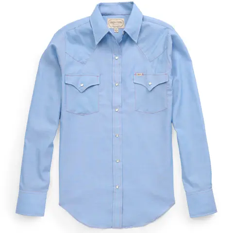 Women's Western-Style Fit Button Down Blouse - Collared Casual Blue Chambray Granddaddy Snap, Wild West Country Aesthetic Cowgirl Embroidered Pocket Shirt