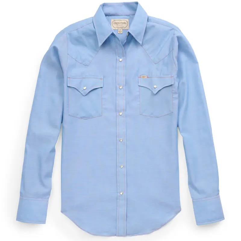 Women's Western-Style Fit Button Down Blouse - Collared Casual Blue Chambray Granddaddy Snap, Wild West Country Aesthetic Cowgirl Embroidered Pocket Shirt