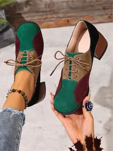 Women's Retro Colorblock Chunky Heel Shoes, Velvety Contrast Lace-Up Small Leather Pumps, Round Toe Mid-Heel Casual Women's Footwear