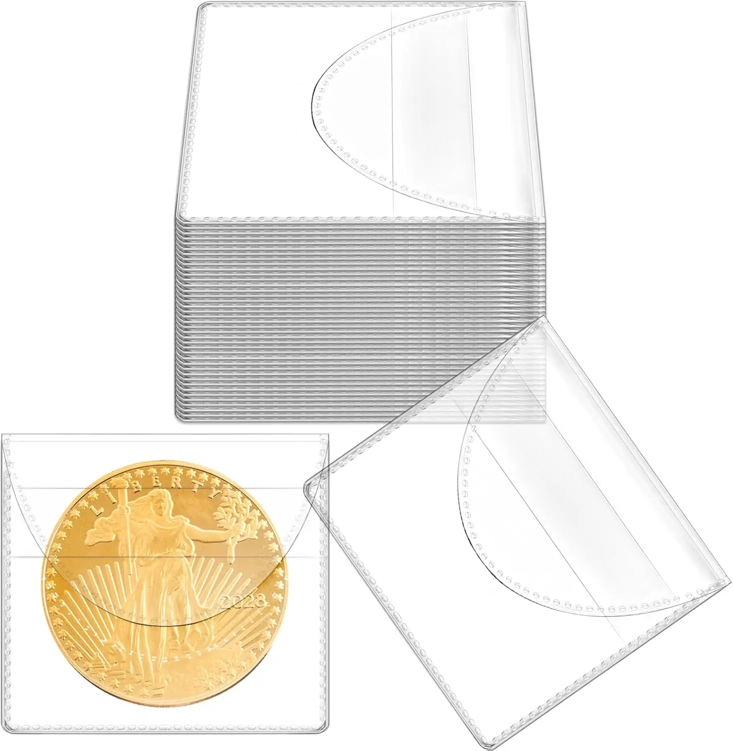 50PCS Reusable PVC Coin Holders - 2.2x2.2in, Sturdy, BPA-Free, High Transparency, Flap Design, Dustproof Pouches for Coins, Collectible Currency Bills, Trading Cards