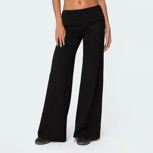 Women's Spring Summer Baggy Pants Foldover Waist Solid Color Loose Wide Leg Pants