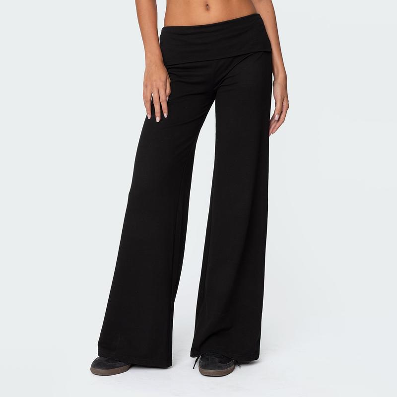 Women's Elastane-Blend Solid Light Baggy Palazzo Pants - High Foldover Waist, Stretch Cotton, Casual Lady Bottoms for Lounging (Multi-Size)