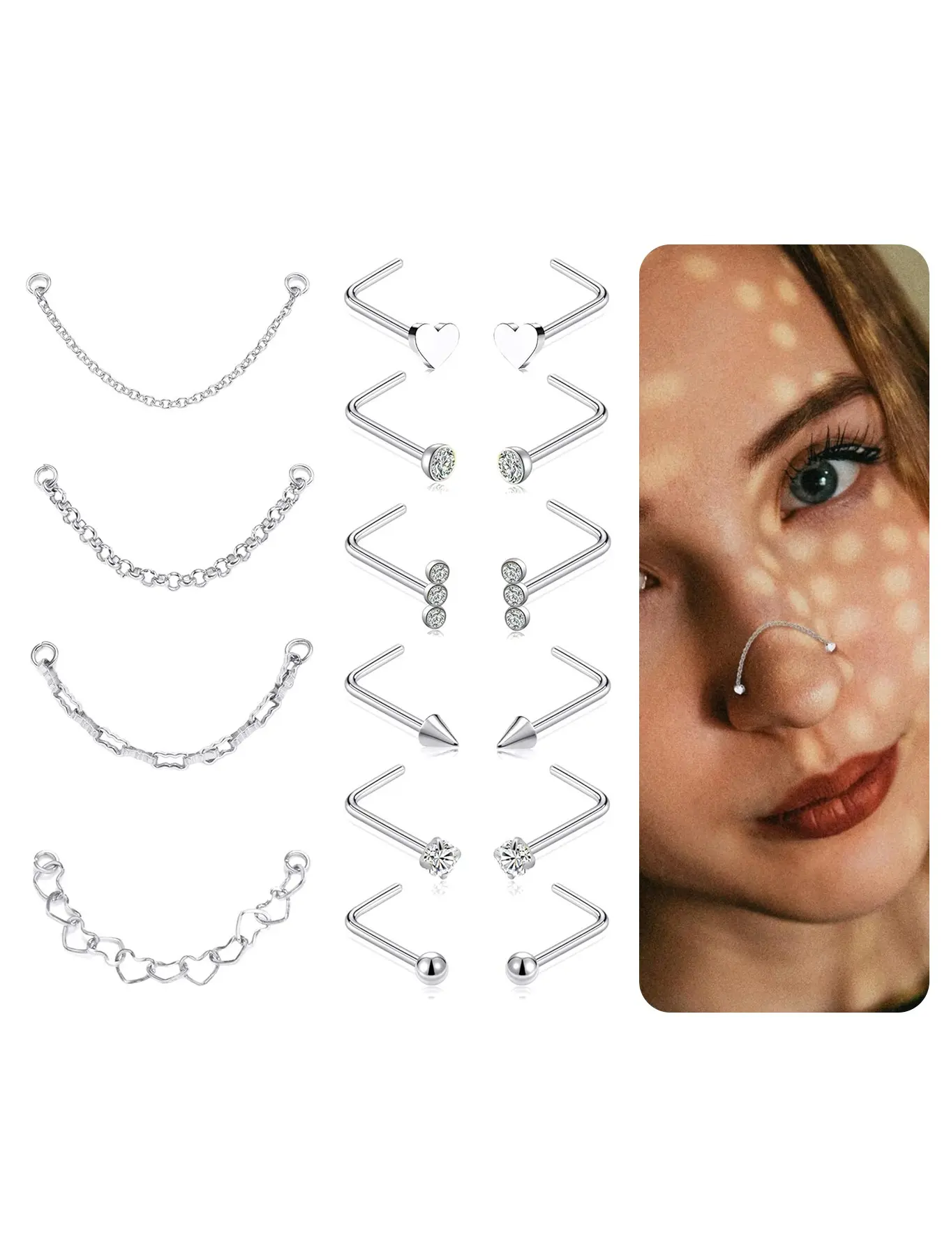 Nose Chain Piercing Across Double Nose Stud Chain CZ Heart Ball L Shaped Nose Chain 3.8CM Nostril Piercing Jewelry for Women Men 20G Silver Gold Tone Body Piercings Set