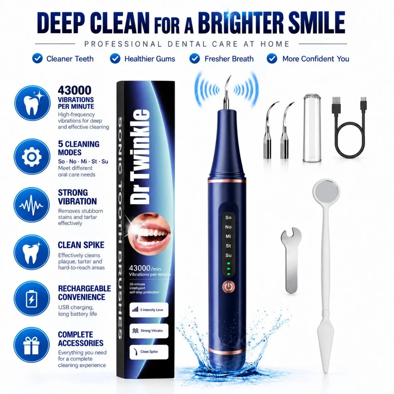 Electric Tooth Cleaner Tartar Remover with LED Light 5 Modes Rechargeable Kit 2 Replaceable Heads for Efficient Oral Hygiene