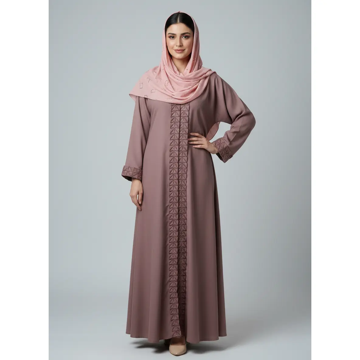 Women's Nida Chiffon Elegant Abaya, Long Sleeve Full-Length Gown with Front Frill Work, Open-Front Modest Hijabi Fashion, Machine-Washable, All-Season Basic Casual Plain Versatile Islamic Clothing