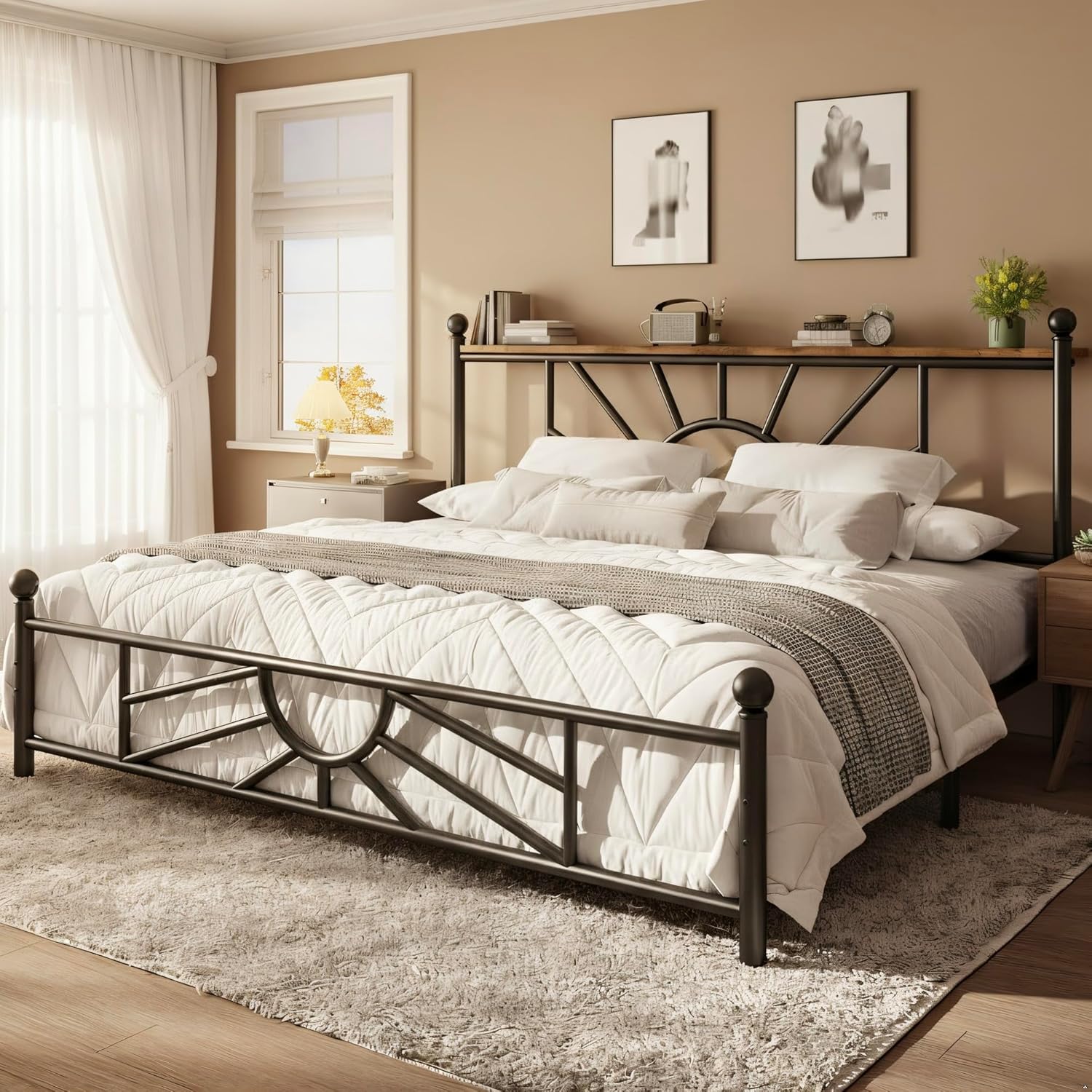 【1300 lbs Capacity】King Queen Full Metal Bed Frame with Headboard & LED, NO MATTRESS,Under Bed Storage Space & Strong Metal Slats, Iron Bed Frame, Noise-Free, Easy Assembly, Modern Bedroom Furniture,Easy Assembly,Black