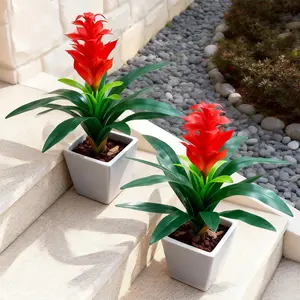 Artificial Plants for Outdoor, 2 Pcs 16.93" Uv Resistant Artificial Tropical Flower, Faux Outdoor Plants, Fake Bromeliad Flowers For Outside Planter Porch Yard Patio Garden Home Indoor Decoration(Red)