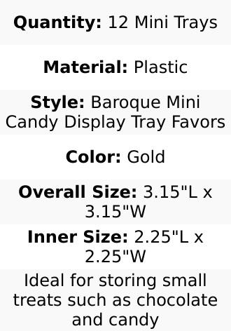 12 Pack Gold Baroque Mini Square Party Favor Candy Display Tray, Sweets and Treats Serving Platter 3"