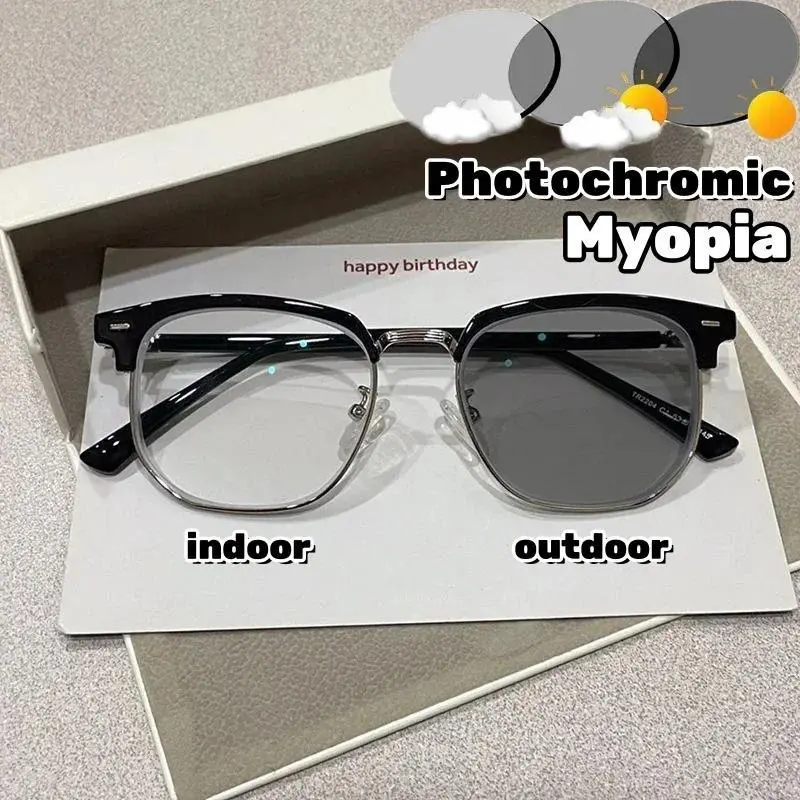 Photochromic Half Frame Myopic Glasses Outdoor Color Changing Near Sight Eyeglasses Anti-Blue Light Short Sight Eyewear