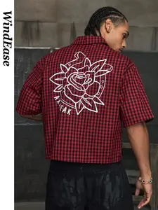 Men's Casual Short Sleeve Blouse, Plaid Rose Print, Loose Fit, Breathable Summer Shirt, Streetwear Fashion Essential