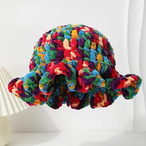 Fashion Wave Brim Crocheted Polyester Bucket Hat with Breathable Elasticity, Warm Dopamine Colors Jellyfish Party Fisherman Cap for Outdoor Skiing Rainbow