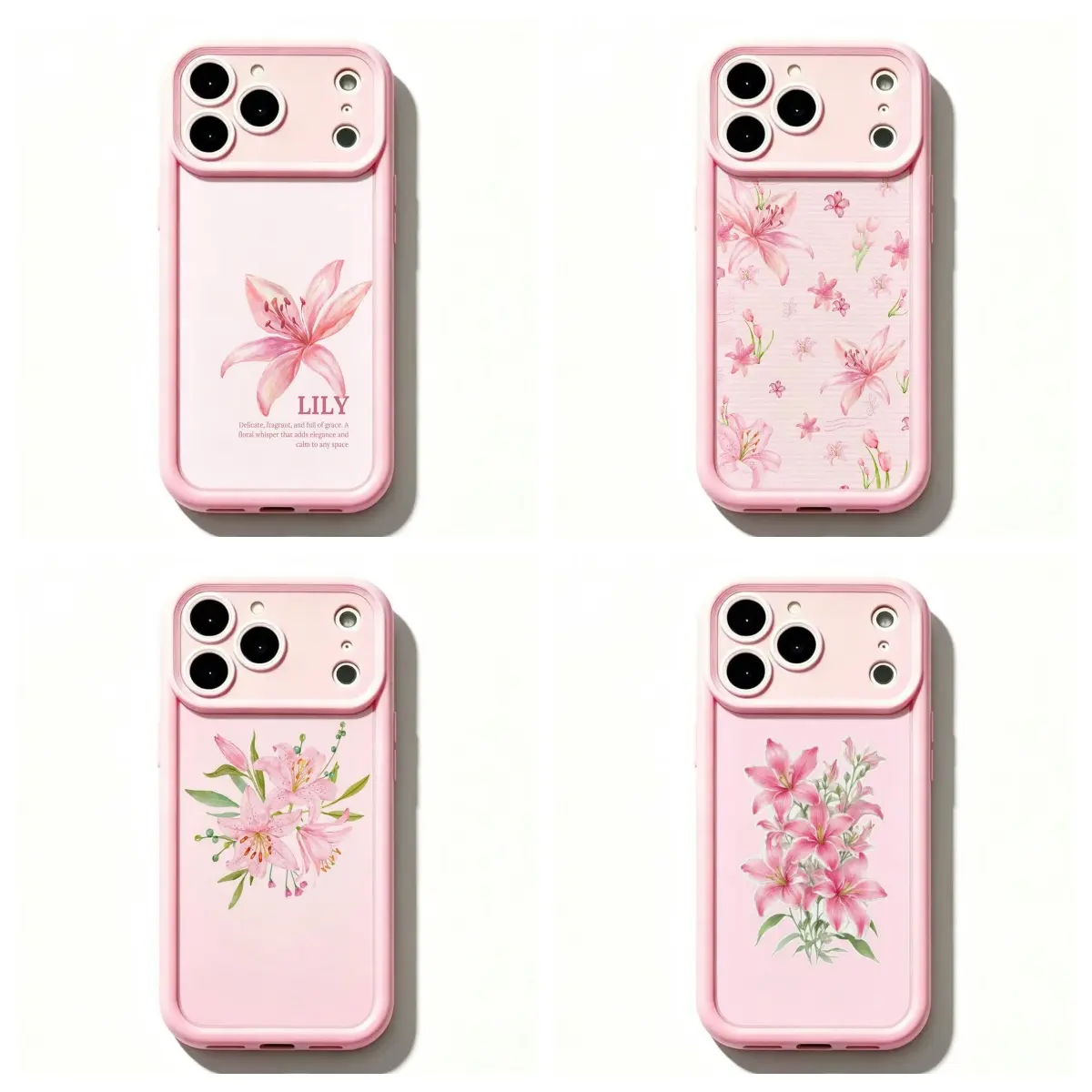 4 Styles Pink Lily Floral Phone Case Elegant Watercolor Botanical Flower Camera Protection Cover for iPhone 11 12 Mini 13 Mini 14 15 16 17 Air Pro Max Samsung S26 S25 S24 S23 S22 S21 Gift for Women
