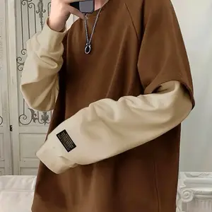 Men's Color Block Casual Sweatshirt - Loose Fit Long Sleeves Crew Neck with Pockets for Spring & Autumn Brown Beige Design Menswear Classic