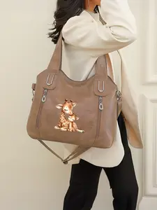 This giraffe-patterned leather tote bag features a zip closure and is perfect for the back-to-school season or as a New Year's gift, Stylish Tote Bag