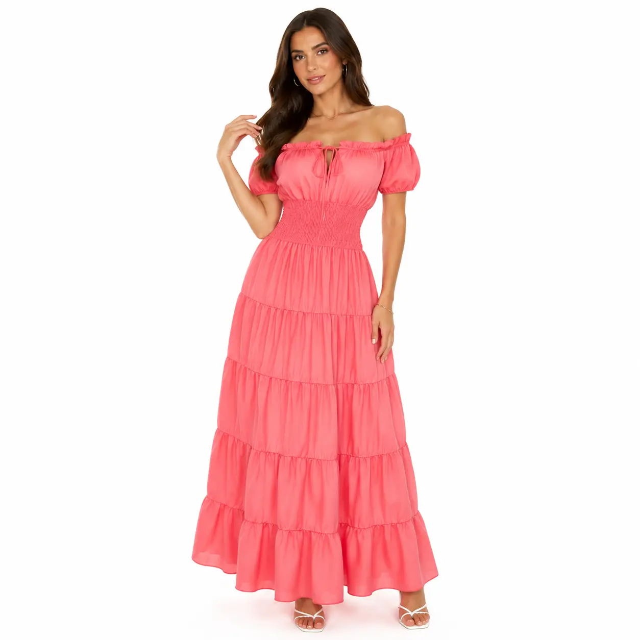Women’s Off The Shoulder Maxi Dress Wedding Guest Outfit Tiered Long Dress Summer Vacation Party Dress 6531-D2