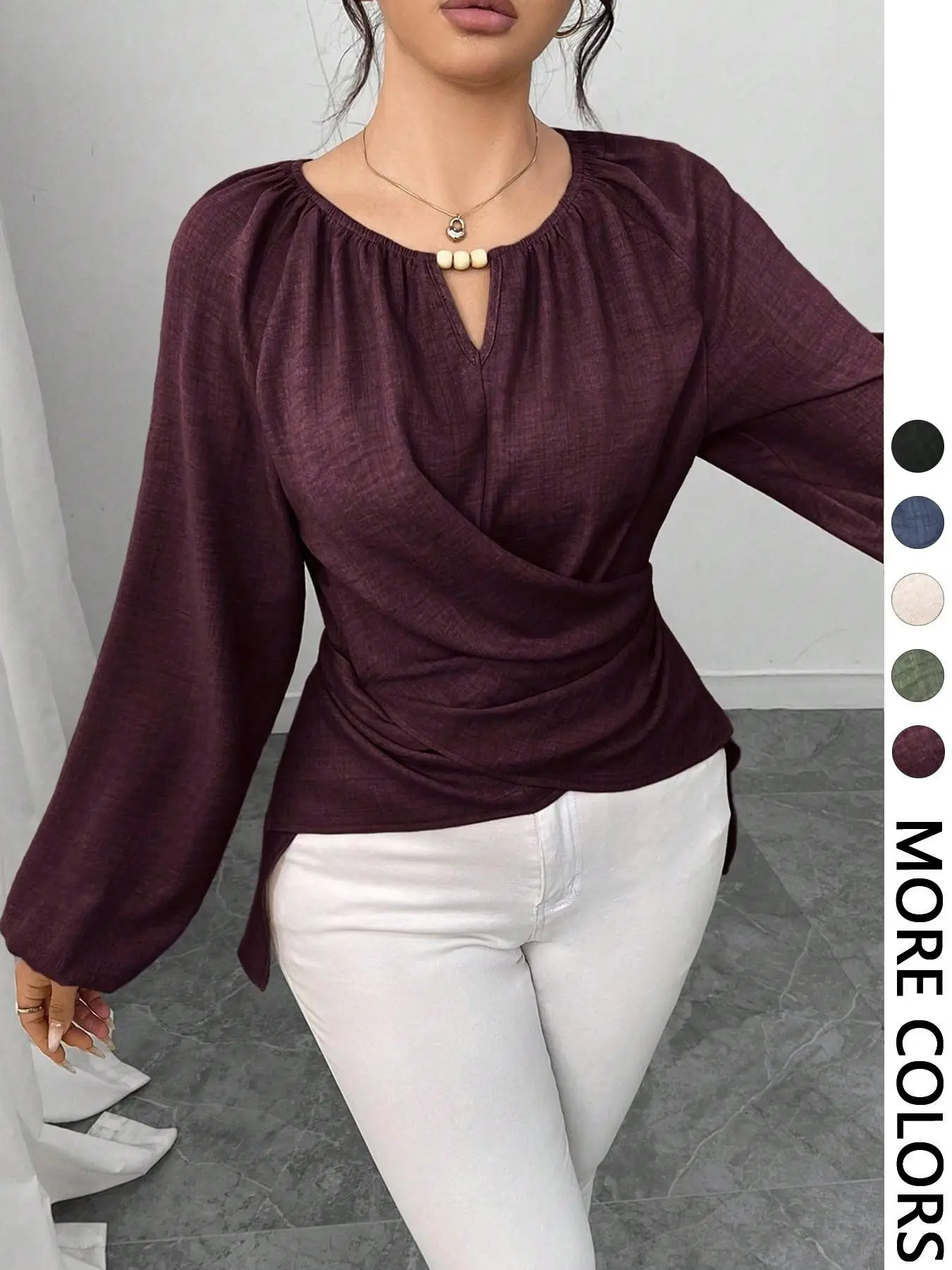 Women's Wrap Top with Keyhole Neck, Long Sleeve Waist Cinch Ruched Asymmetric Hem, Casual Loose-Fitting Plain Top for Spring & Fall Shirts