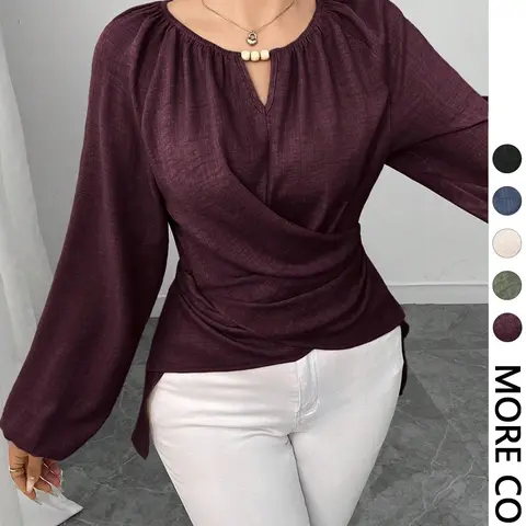 Women's V Neck Beaded Blouse, Long Lantern Sleeve, Wrap Front, Ruched Waist, Irregular Hem, Casual Loose Fit Top, Size Down Recommendation