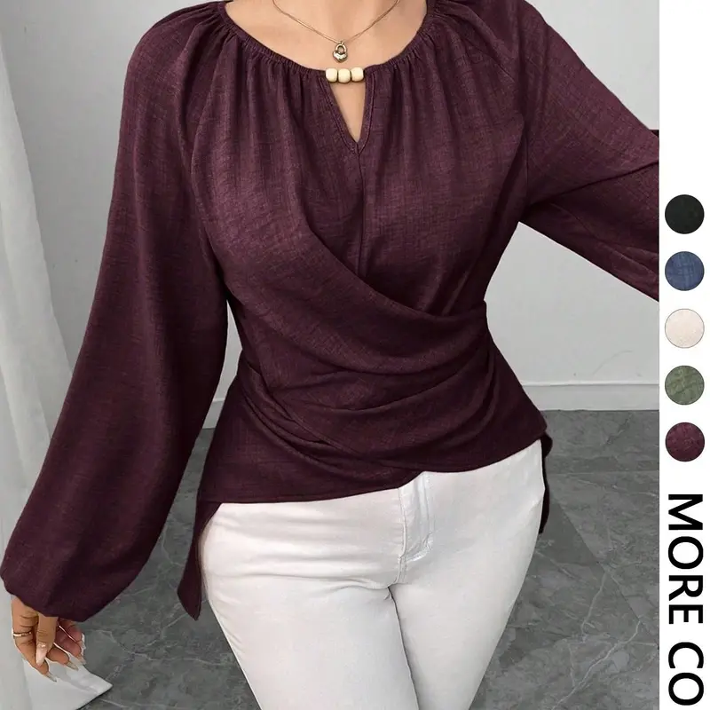 Women's V Neck Beaded Blouse, Long Lantern Sleeve, Wrap Front, Ruched Waist, Irregular Hem, Casual Loose Fit Top, Size Down Recommendation
