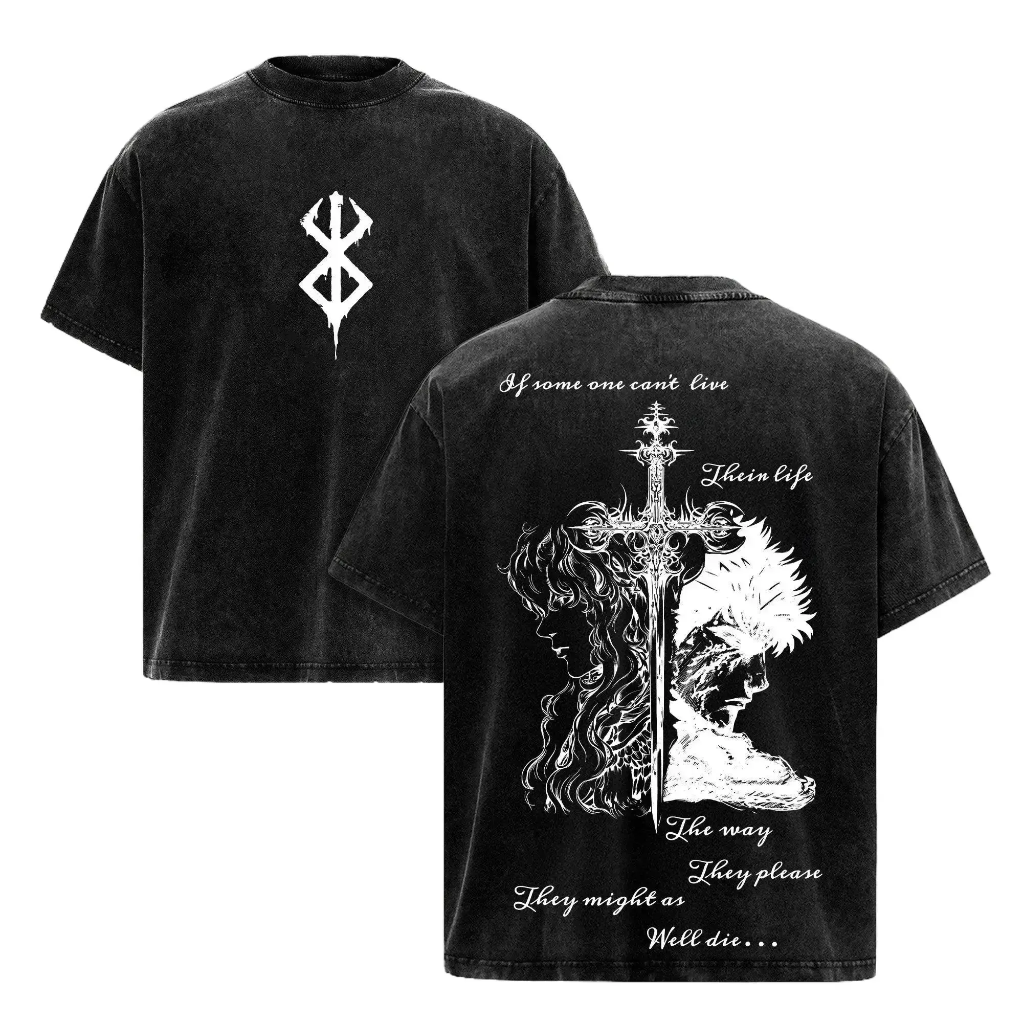 Menswear Short-Sleeve Round Neck Printed Art T-Shirt - Men's Berserk Eclipse Graphic, Guts x Griffith Hawk Of Light & Black Swordsman Rivalry, 90s Dark Fantasy, Premium Pre-Washed Cotton, Relaxed Fit Unisex Casual Top for Daily & Streetwear