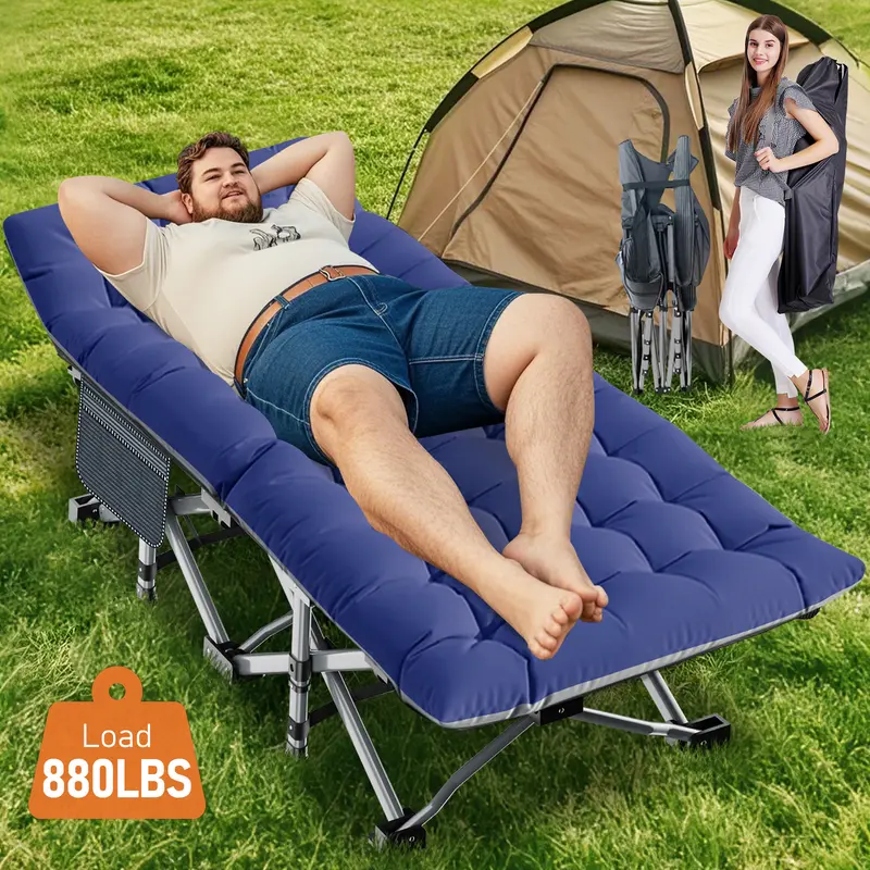Naudacaa Collapsible Oxford Camping Cot with Reversible Cotton Pad - Heavy-Duty Camping Gear, High-Strength Steel Tube, 880 lbs Capacity, 75"x28"x14" (75in) Size, 39"x8" Storage, RV & Cabin Use, Portable Blue Indoor Guest Bed